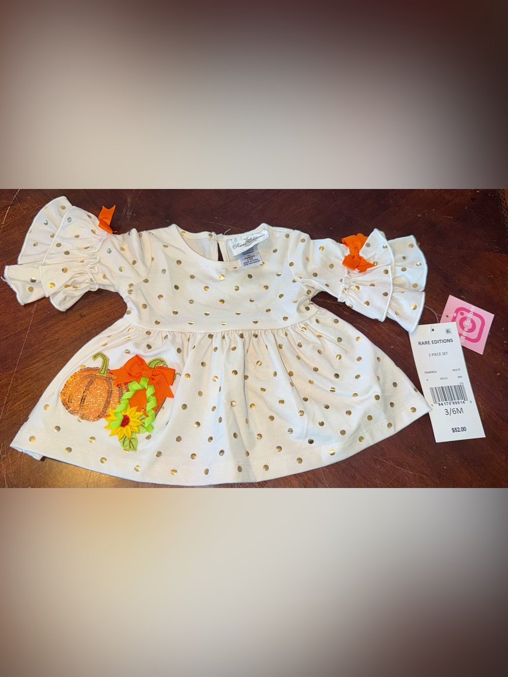 Rare Editions Cream Dress with Gold Polka Dots and Orange Pumpkin Applique